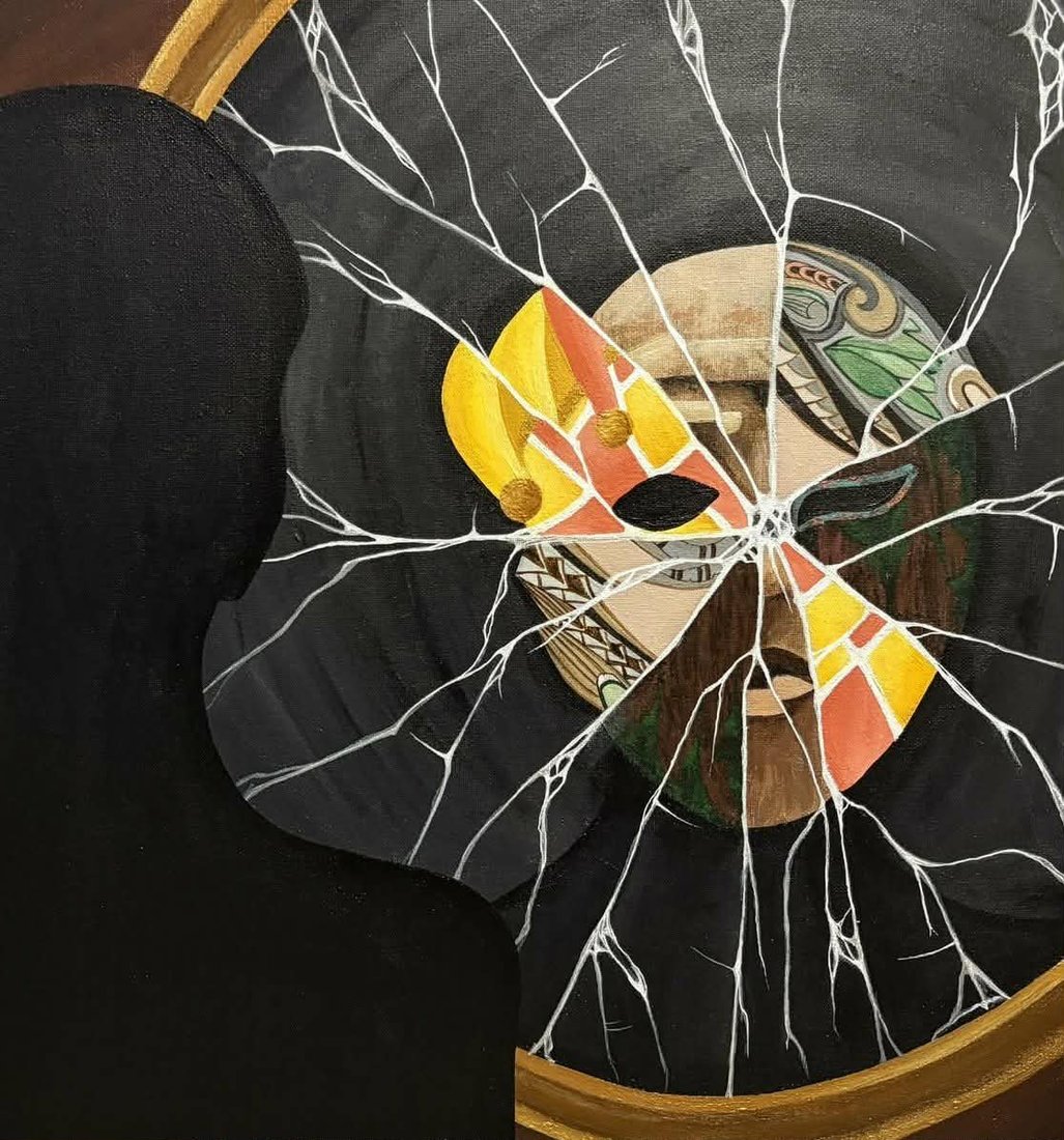 Game of Charades album cover: a painted mask reflected in a shattered mirror